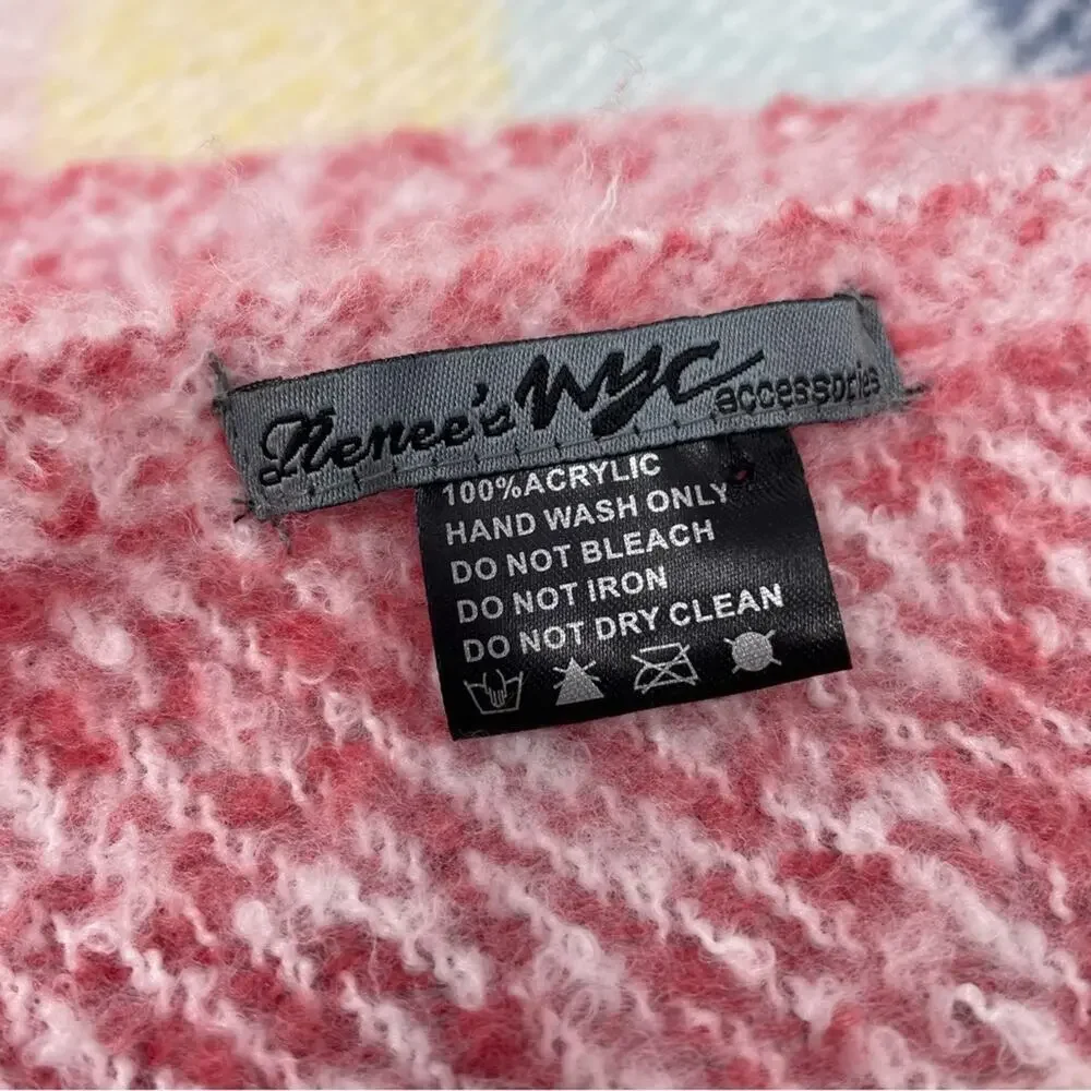 NEW Renne's NYC Women's Soft Plush Scarf, Pastel Rainbow Rectangle Scarf, Fringe